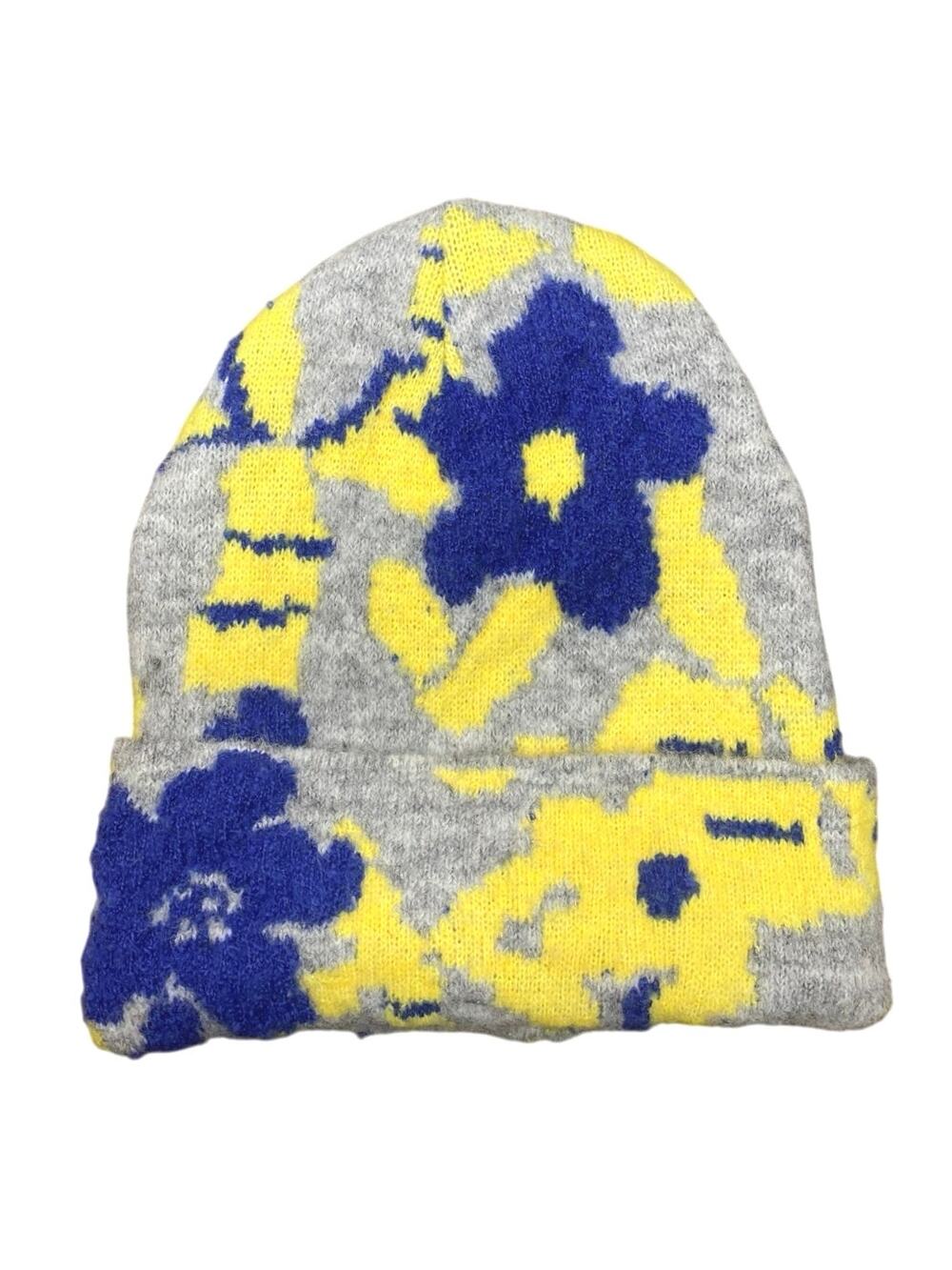 Anthropologie Gray Multicolor Floral Knit Winter Bonnet Fuzzy Beanie Hat Cap OS